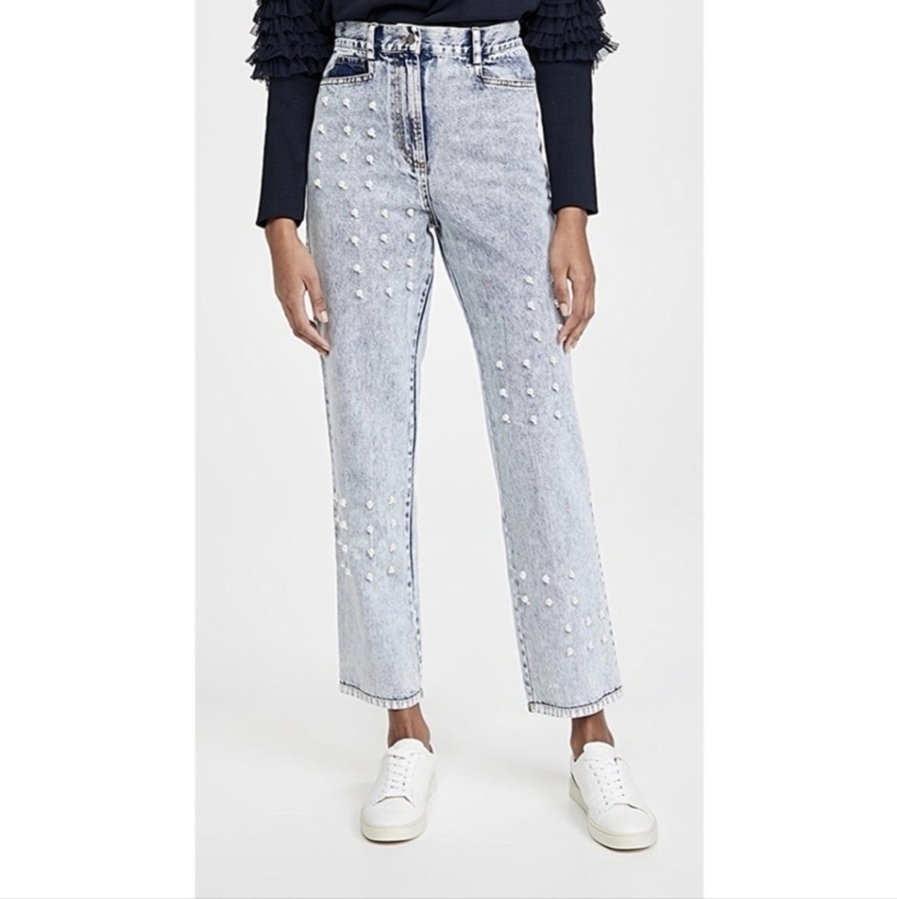 SEA NY Blue Betty Acid Wash Pearl Embellished Straight Leg Jeans Size 4